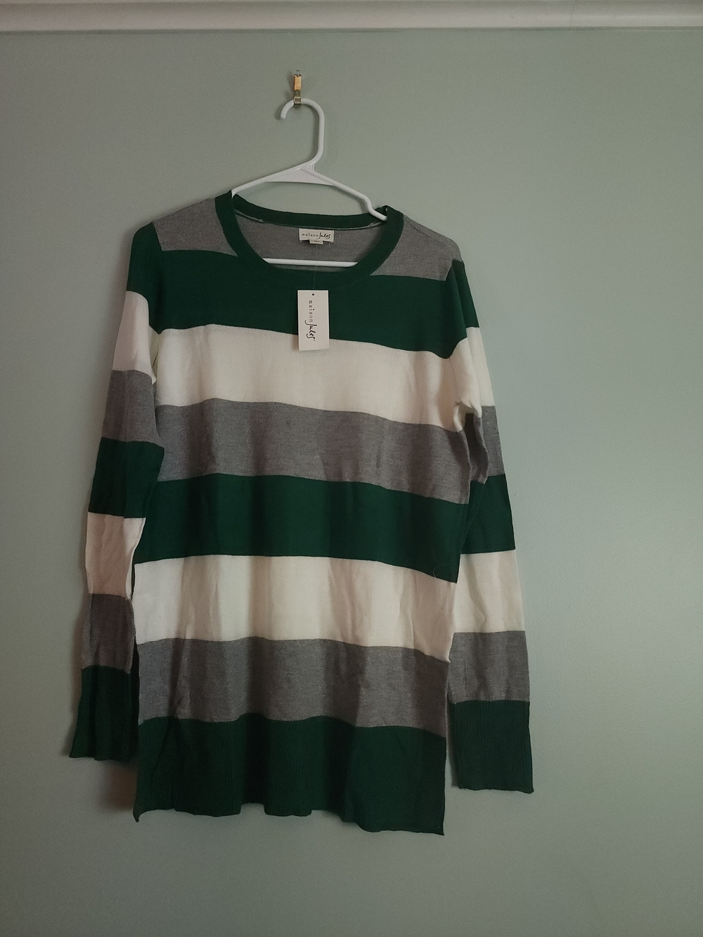 Maison Jules Green White Gray Striped Crewneck Sweater